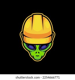 Alien Wearing Construction Helmet Vector Art Illustration on Isolated Background. Alien Vector Illustration. Alien Logo Concept. Alien Cartoon Style Illustration.