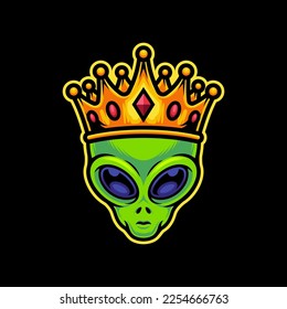 Alien Wearing Crown Vector Art Illustration on Isolated Background. Alien Vector Illustration. Alien Logo Concept. Alien Cartoon Style Illustration.