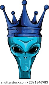 Alien Wearing Crown Vector Art Illustration on Isolated Background. Alien Vector Illustration. Alien Logo Concept. Alien Cartoon Style Illustration.