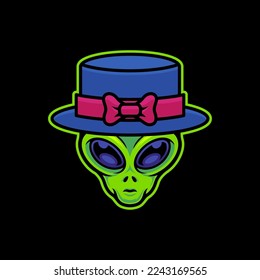 Alien Wearing Fedora Hat Vector Art Illustration on Isolated Background