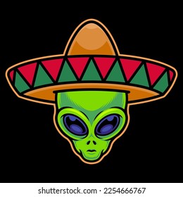 Alien Wearing Mexican Sombrero Hat Vector Art Illustration on Isolated Background. Alien Vector Illustration. Alien Logo Concept. Alien Cartoon Style Illustration.