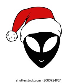 Alien wearing santa claus hat. Christmas alien face. Clipart vector illustration