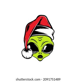Alien wearing santa claus hat. Christmas alien face. Clipart vector illustration