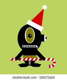 alien wearing santa hat and holding candy cane