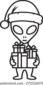 Alien vestindo chapéu de Papai Noel e segurando a caixa de presente de Natal silhueta ícone vetor extraterrestre agarrando feriado presentes vestindo santa claus cap logotipo símbolo símbolo ilustração