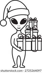 Alienígena con sombrero de santa y sosteniendo la caja de regalo de navidad icono de silueta Vector extraterrestre agarrando regalos de vacaciones con la ilustración del símbolo del logotipo de la gorra de santa claus