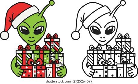 Alien vestindo chapéu de Papai Noel e segurando a caixa de presente de Natal silhueta ícone vetor extraterrestre agarrando feriado presentes vestindo santa claus cap logotipo símbolo símbolo ilustração