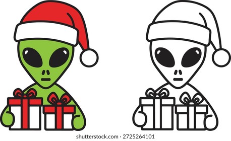 Alien vestindo chapéu de Papai Noel e segurando a caixa de presente de Natal silhueta ícone vetor extraterrestre agarrando feriado presentes vestindo santa claus cap logotipo símbolo símbolo ilustração