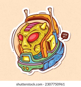 Alien Wearing Sophisticated Helmet Hand Drawn Color Vector Doodle Illustration