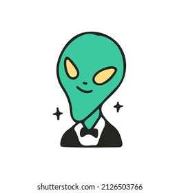 Alien wearing tuxedo, illustration for t-shirt, sticker, or apparel merchandise. With retro cartoon style.