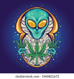 Alien Weed Plant Cannabis Galaxy Space Vector illustrations for your work Logo, mascot merchandise t-shirt, stickers and Label designs, poster, greeting cards advertising business company or brands.