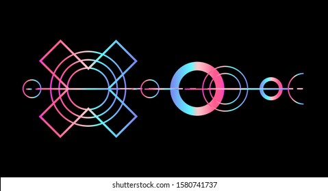 Alien weird cryptic symbols in holographic rainbow colors on black background. Cyberpunk futuristic vector illustration.