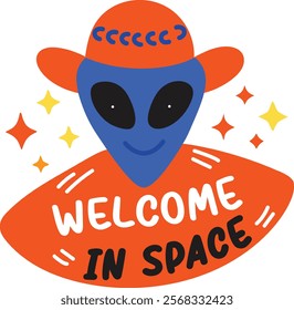 Alien welcome sticker in flat style