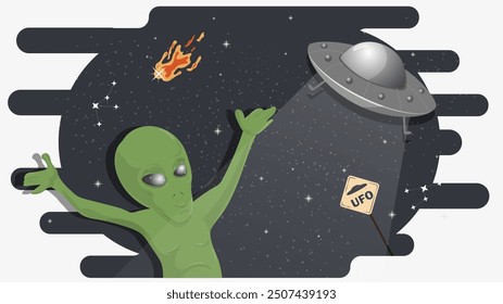 An alien in a welcoming gesture against the background of a flying saucer in space, flat childrens doodles