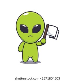 alien with white flag. mascot cartoon character vector illustration. design element for poster, brochure, web, mascot, sticker, logo and icon.