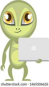 Alien with white laptop, illustration, vector on white background.