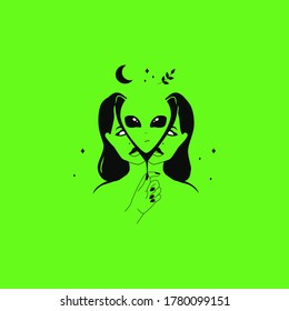 Alien in woman. Funny weird abstract t shirt print. Vector