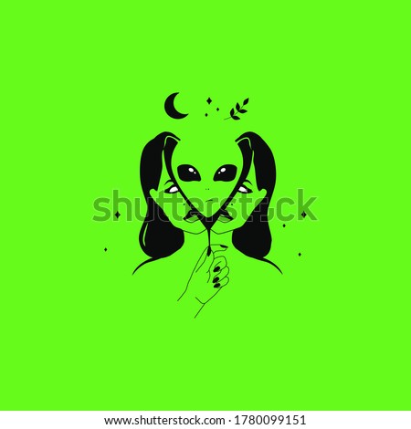 Alien in woman. Funny weird abstract t shirt print. Vector