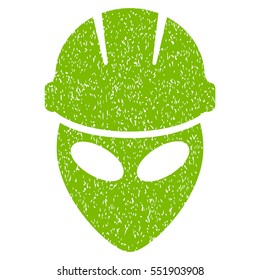 Alien Worker grainy textured icon for overlay watermark stamps. Flat symbol with scratched texture. Dotted vector eco green ink rubber seal stamp with grunge design on a white background.