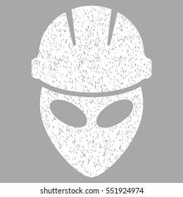 Alien Worker grainy textured icon for overlay watermark stamps. Flat symbol with dust texture. Dotted vector white ink rubber seal stamp with grunge design on a silver background.