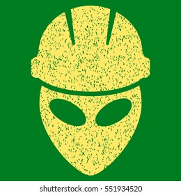 Alien Worker grainy textured icon for overlay watermark stamps. Flat symbol with dust texture. Dotted vector yellow ink rubber seal stamp with grunge design on a green background.