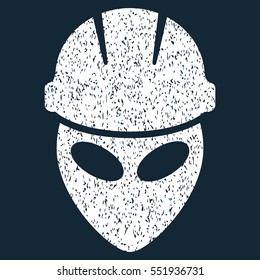 Alien Worker grainy textured icon for overlay watermark stamps. Flat symbol with dirty texture. Dotted vector white ink rubber seal stamp with grunge design on a dark blue background.