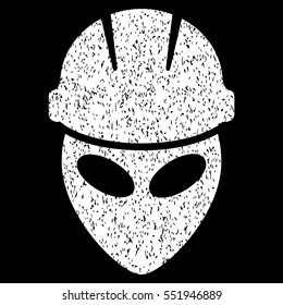 Alien Worker grainy textured icon for overlay watermark stamps. Flat symbol with dust texture. Dotted vector white ink rubber seal stamp with grunge design on a black background.