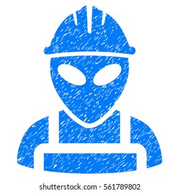 Alien Worker grainy textured icon for overlay watermark stamps. Flat symbol with dust texture. Dotted vector blue ink rubber seal stamp with grunge design on a white background.