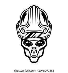 Alien in worker hard hat vector illustration in monochrome vintage style isolated on white background