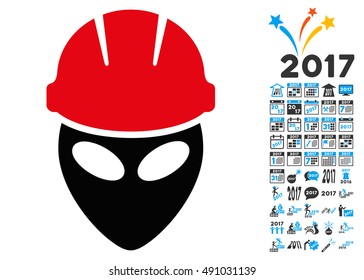 Alien Worker icon with 2017 year bonus vector design elements. Set style is flat symbols, white background.