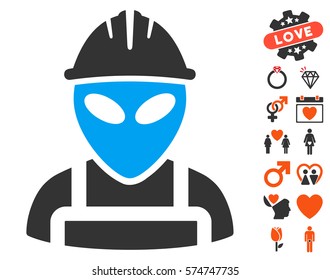 Alien Worker pictograph with bonus passion symbols. Vector illustration style is flat iconic elements for web design, app user interfaces.