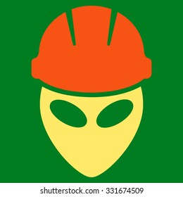 Alien Worker vector icon. Style is flat bicolor orange and yellow symbol, rounded angles, green background.