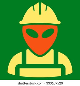 Alien Worker vector icon. Style is bicolor flat symbol, orange and yellow colors, rounded angles, green background.