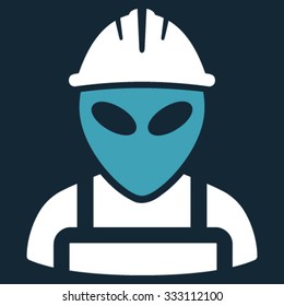 Alien Worker vector icon. Style is bicolor flat symbol, blue and white colors, rounded angles, dark blue background.