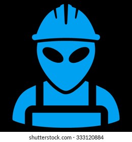 Alien Worker vector icon. Style is flat symbol, blue color, rounded angles, black background.