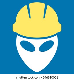Alien Worker vector icon. Style is flat bicolor yellow and white symbol, rounded angles, blue background.