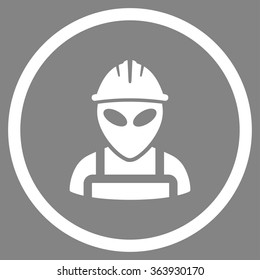 Alien Worker vector icon. Style is flat circled symbol, white color, rounded angles, gray background.