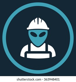 Alien Worker vector icon. Style is bicolor flat circled symbol, blue and white colors, rounded angles, dark blue background.