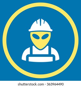 Alien Worker vector icon. Style is bicolor flat circled symbol, yellow and white colors, rounded angles, blue background.