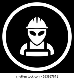 Alien Worker vector icon. Style is flat circled symbol, white color, rounded angles, black background.