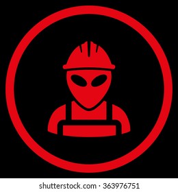 Alien Worker vector icon. Style is flat circled symbol, red color, rounded angles, black background.