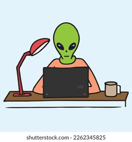 Alien working on computer in office, colorful simple drawing design. isolated on white background. 