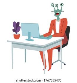 Alien working on project in office, extraterrestrial businessman, character wearing formal suit. Secretary typing info on keyboard. Workplace of space invader, monster with eyes, vector in flat