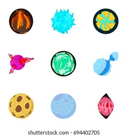 Alien world icons set. Cartoon set of 9 alien world vector icons for web isolated on white background