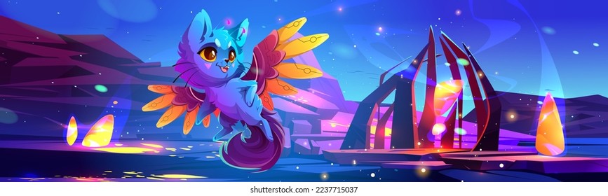 Alien world landscape with super cat hero and magic portal at night. Vector cartoon fantastic illustration of cute hero character, flying kitten with mechanical wings