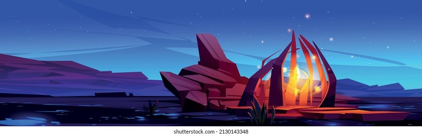 Alien world with magic portal in stone frame at night. Vector cartoon fantasy illustration, game background of rock landscape with fantastic gates with mystic yellow glowing