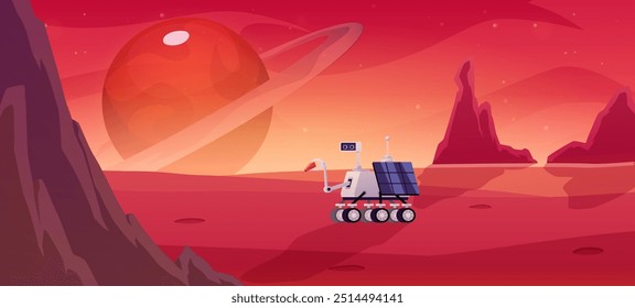 Mundo alienígena. Ilustração vetorial de um planeta vermelho com montanhas e um robô explorador. Esta paisagem mostra um céu noturno cheio de estrelas e um planeta com um anel. Perfeito para design de jogos. Estilo plano.