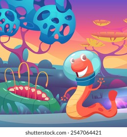 alien worm. fantasy background with funny happy monster