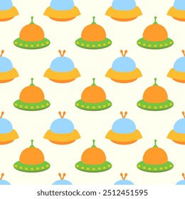 Alien yellow spaceship, spacecrafts and UFO Seamless Pattern. Cosmic ship in form saucer for transportation. Children design. Vector cartoon flat illustration.