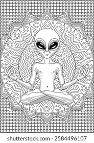 Alien Yoga Coloring Page For Adult Vector